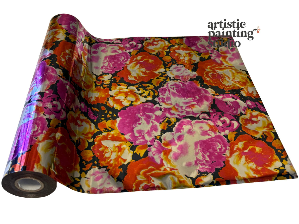 Roll of floral patterned transfer foil with colorful flowers on a white background, branded 'Artistic Painting Studio'.