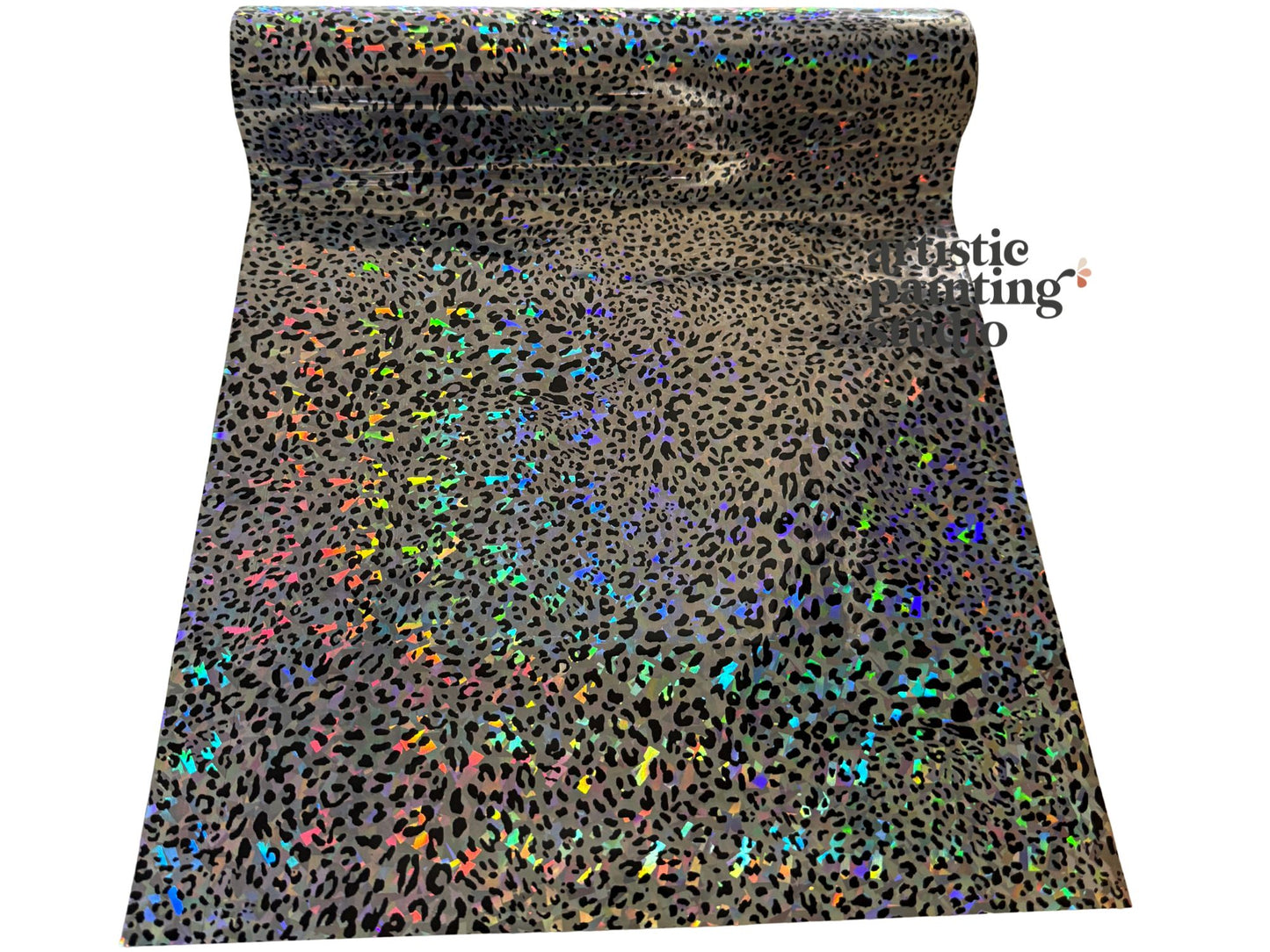 Holographic leopard print transfer foil with holographic spots on a white background