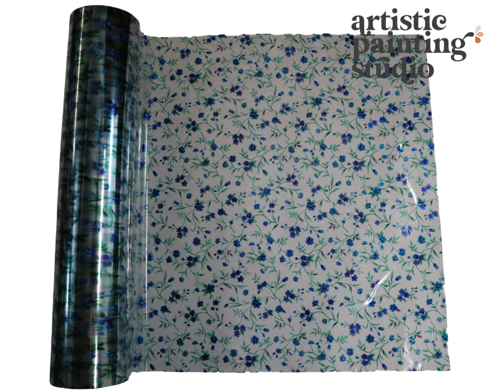 A roll of blue floral transparent transfer foil