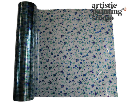A roll of blue floral transparent transfer foil
