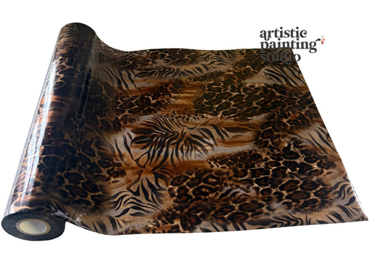Roll of transfer foil with a leopard print pattern on a white background, featuring the 'Artistic Painting Studio' logo.