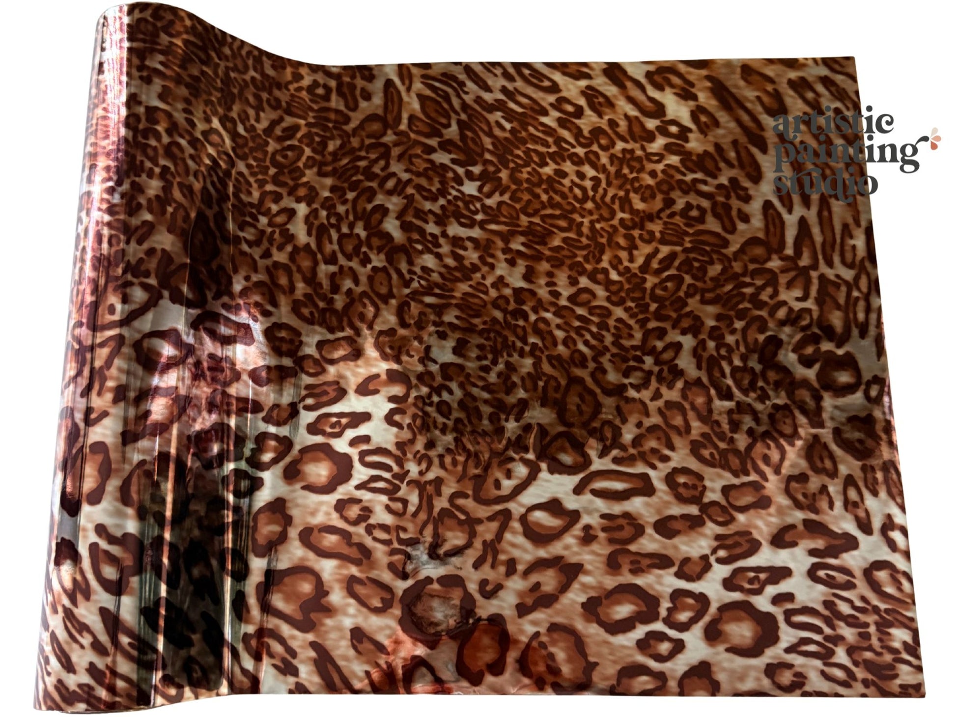 Leopard print transfer foil with 'Artistic Painting Studio' branding on a white background