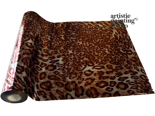Roll of leopard print transfer foil with 'artistic painting paper' branding.