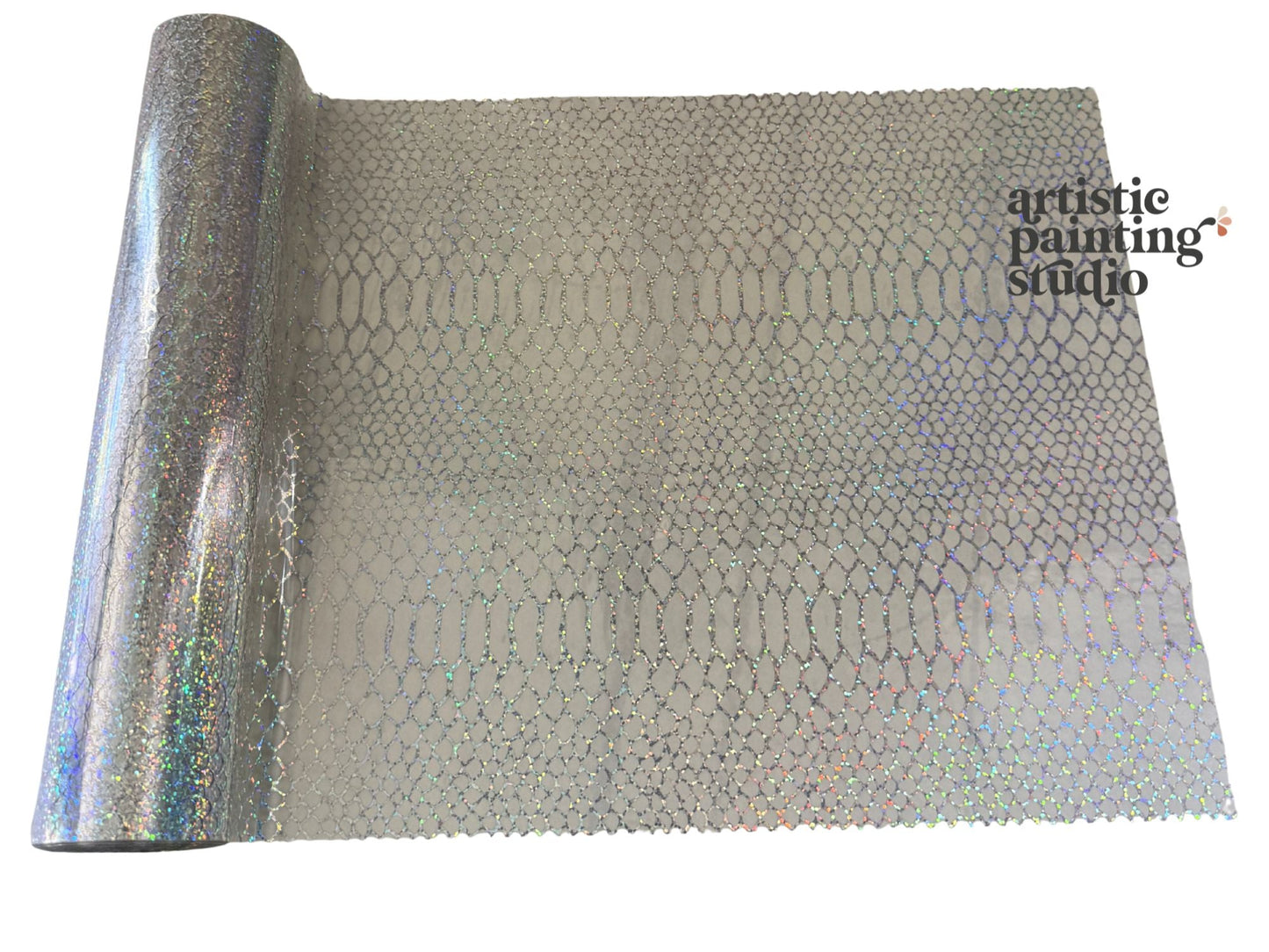 Roll of textured silver paper with 'artistic painting studio' branding.