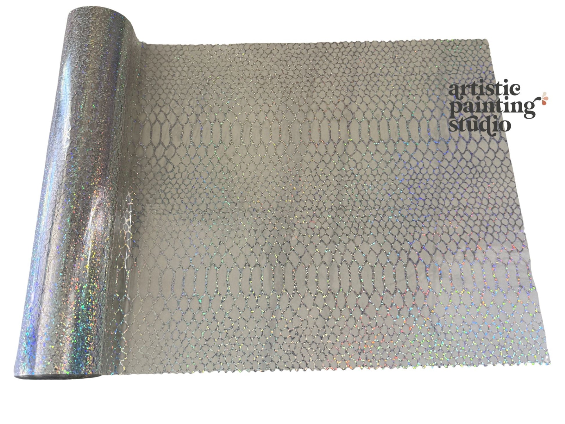 Roll of textured silver paper with 'artistic painting studio' branding.