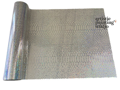 Roll of textured silver paper with 'artistic painting studio' branding.