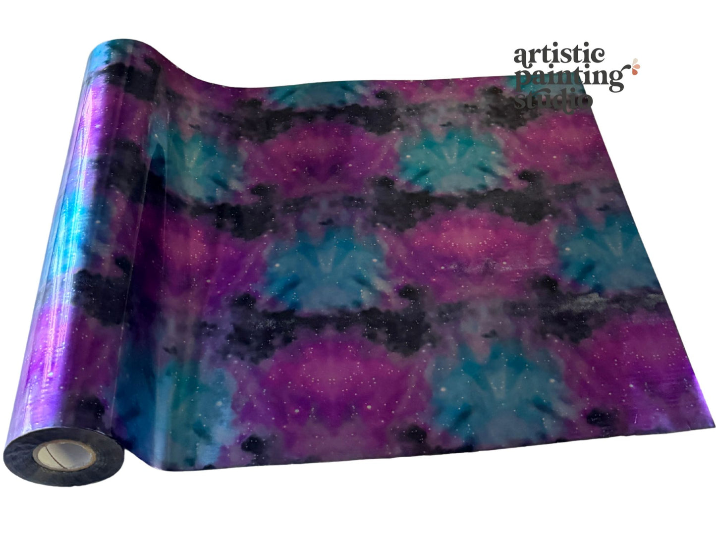 Roll of colorful transfer foil with a tie-dye pattern on a white background, featuring the brand 'Artistic Painting'.