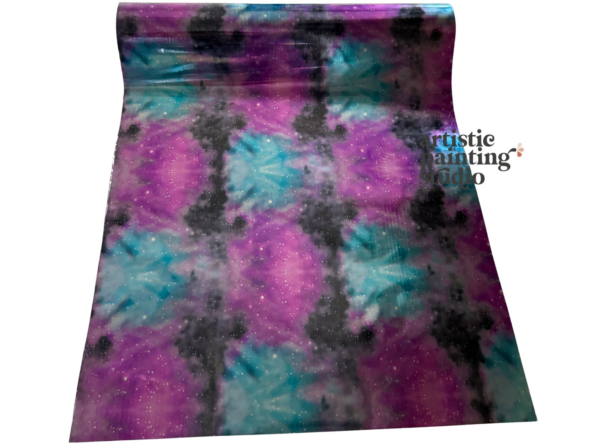 Colorful tie-dye pattern transfer foil with 'Artistic Painting Studio' branding.