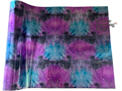 Tie-dye transfer foil with purple, blue, and black pattern on a white background