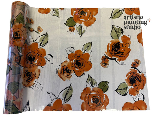 Floral patterned craft foil with orange roses and green leaves on a white background.