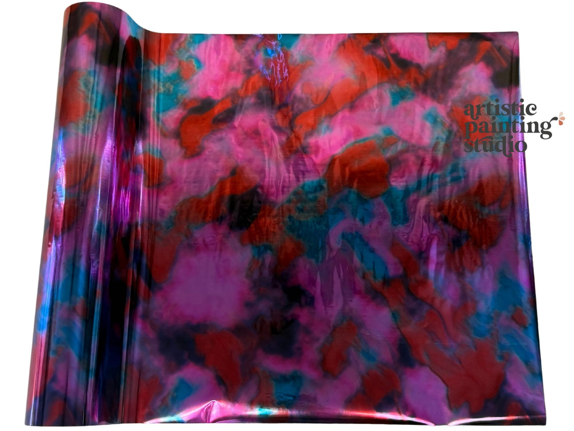 Colorful abstract craft foil with 'artistic painting studio' branding on a white background