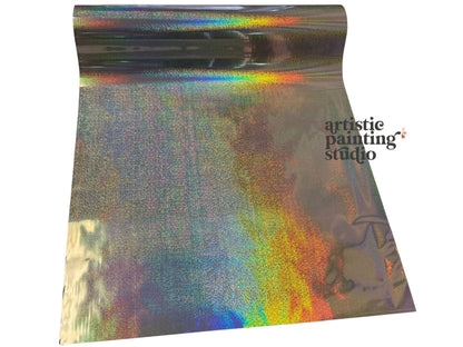 Silver holographic craft foil on white background