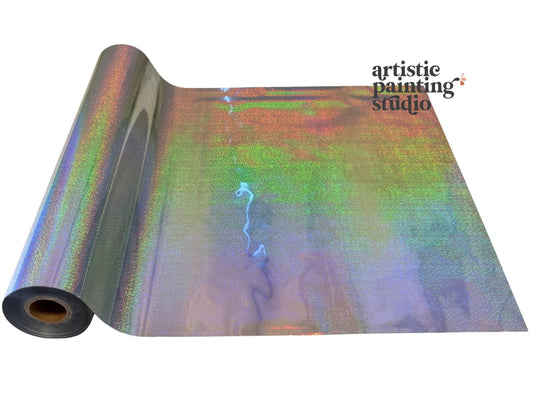 Silver holographic craft foil on white background