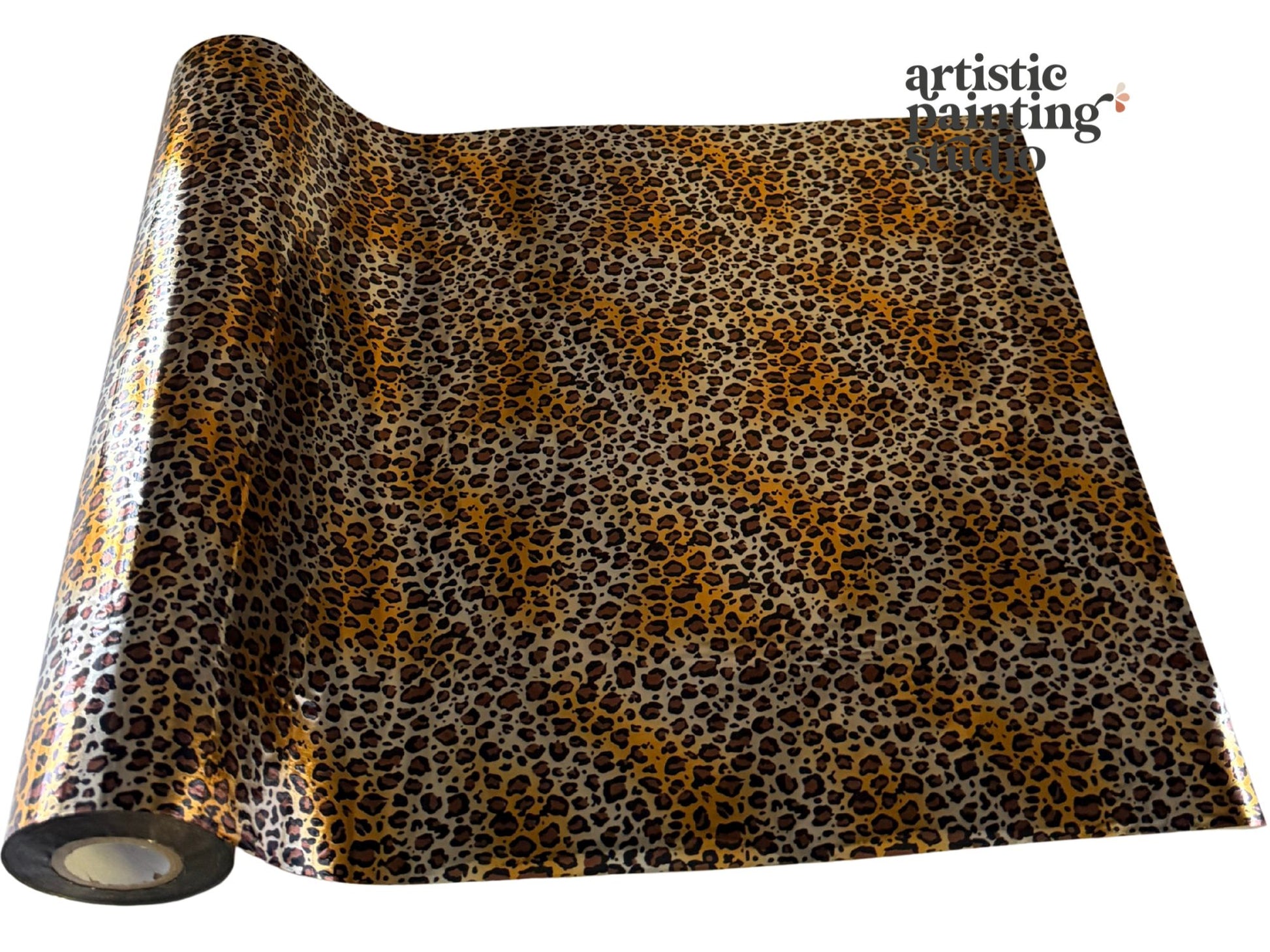 Roll of leopard print transfer foil with 'Artistic Painting Studio' branding.