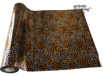 Roll of leopard print transfer foil with 'Artistic Painting Studio' branding.