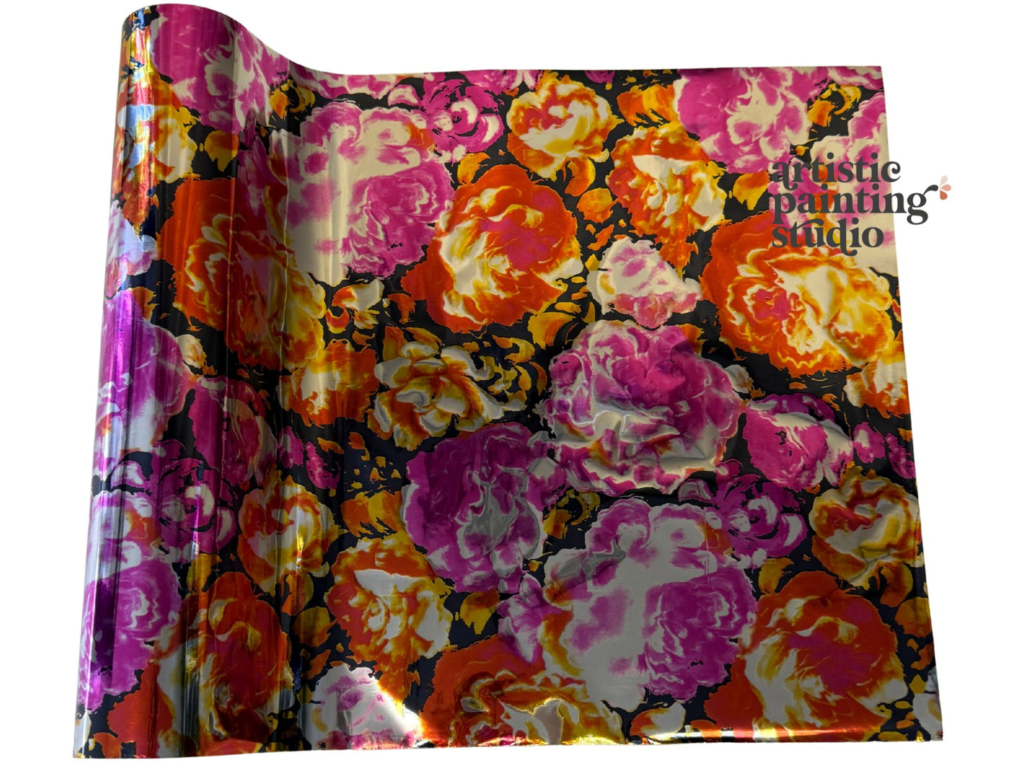 Roll of transfer foil with colorful floral pattern, brand 'Artistic Painting Studio' visible