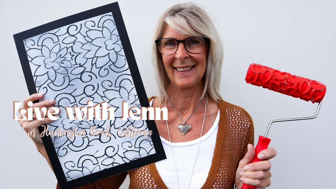 Live with Jenn cover photo. Jenn with decorative roller & texture sample board. 