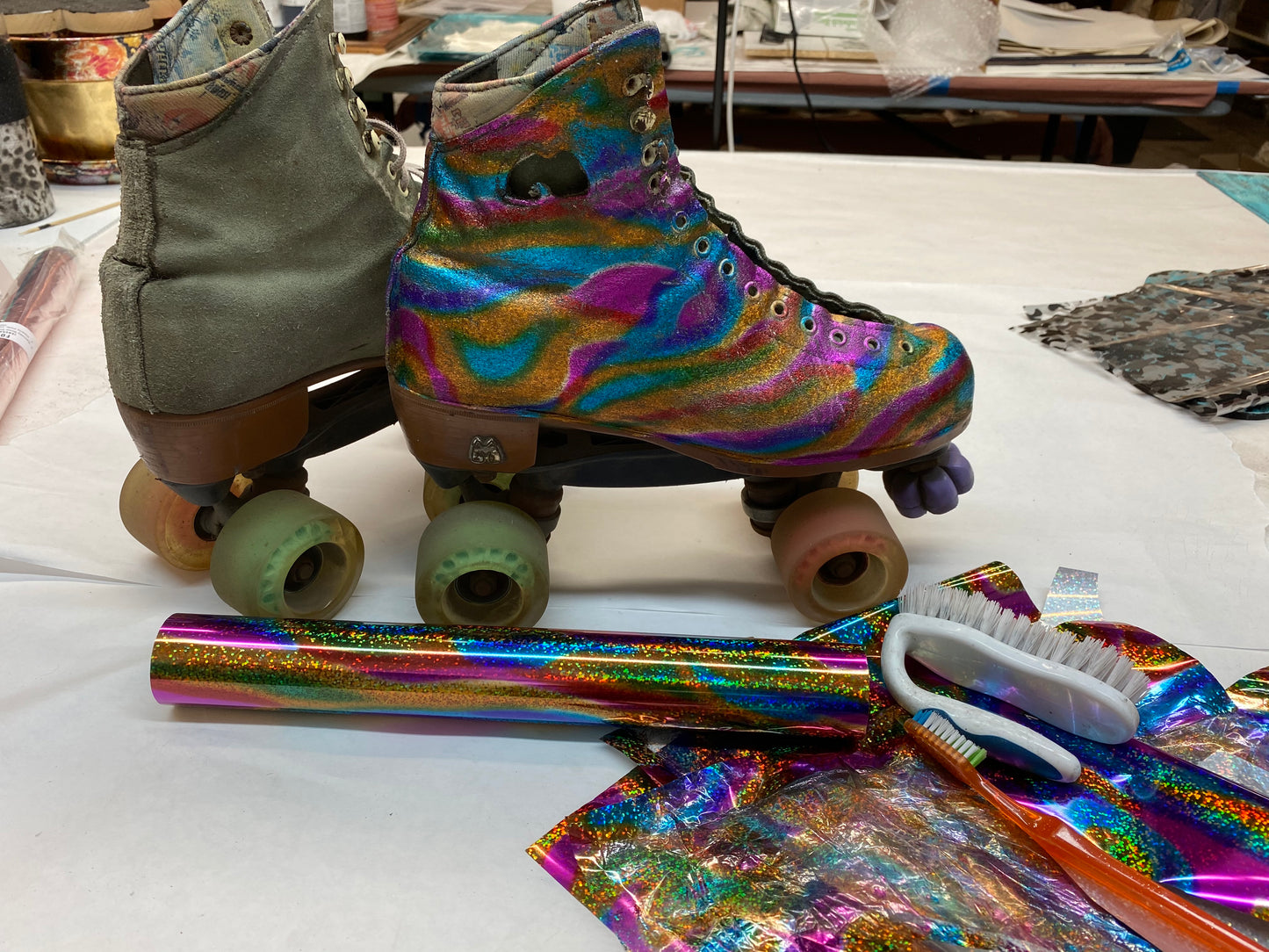 Groovy Kaleidoscope Foil applied to Roller Skates